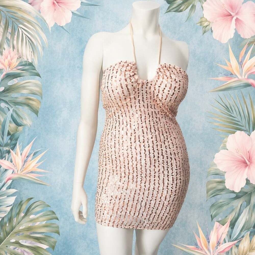 Iris Rose Gold Sequin Halter Neck Mini Dress Size L